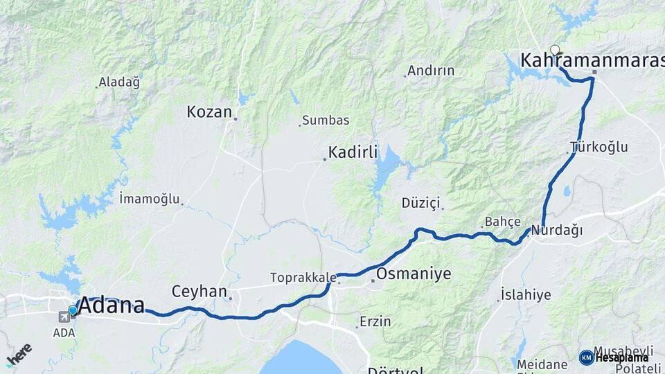 Adana Dulkadiroğlu Kahramanmaraş Arası Kaç Km - Yol Haritası