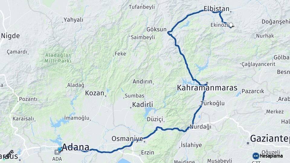 Adana Ekinözü Kahramanmaraş Arası Kaç Km - Yol Haritası