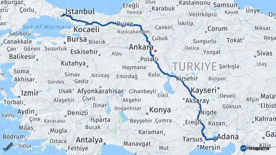 Adana Esenler İstanbul Arası Kaç Km - Yol Haritası