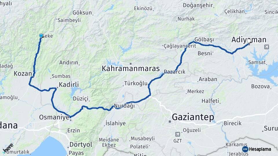 Adana Feke Adıyaman Arası Kaç Km - Yol Haritası