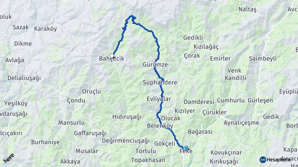 Adana Feke Bahçecik Feke Arası Kaç Km - Yol Haritası