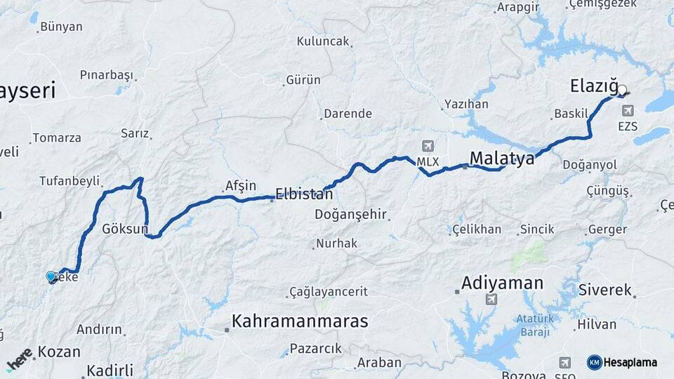 Adana Feke Elazığ Arası Kaç Km - Yol Haritası