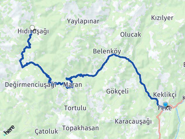 Adana Feke Hıdıruşağı Feke Arası Kaç Km - Yol Haritası