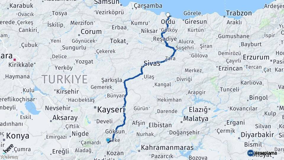 Adana Feke Ordu Arası Kaç Km - Yol Haritası