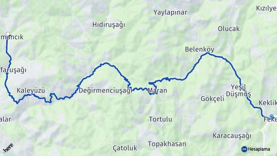 Adana Feke Ormancık Feke Arası Kaç Km - Yol Haritası