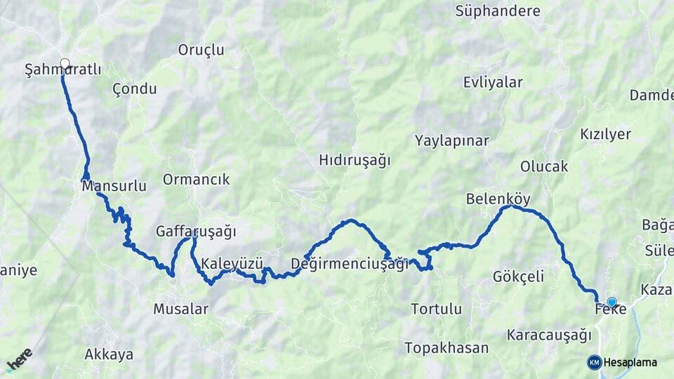 Adana Feke Şahmuratlı Feke Arası Kaç Km - Yol Haritası