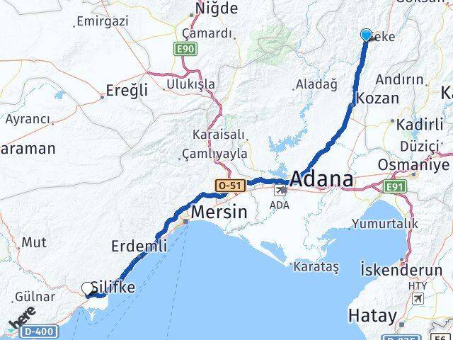 Adana Feke Silifke Mersin Arası Kaç Km - Yol Haritası
