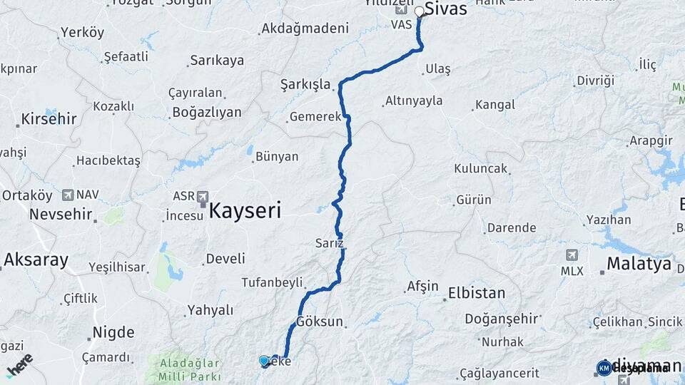 Adana Feke Sivas Arası Kaç Km - Yol Haritası