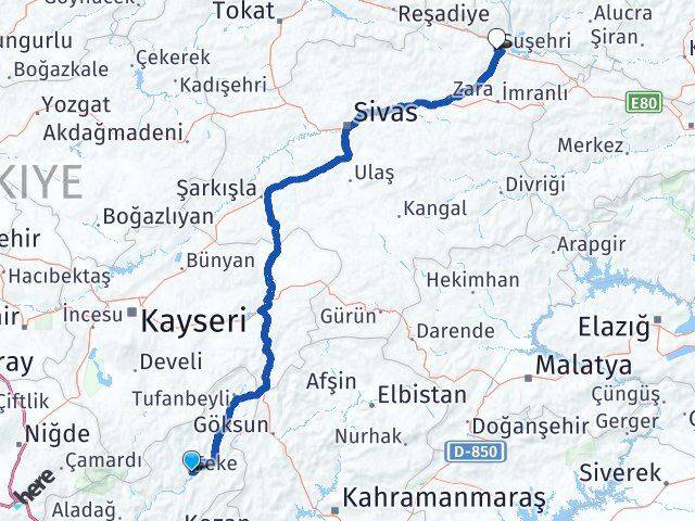 Adana Feke Suşehri Sivas Arası Kaç Km - Yol Haritası