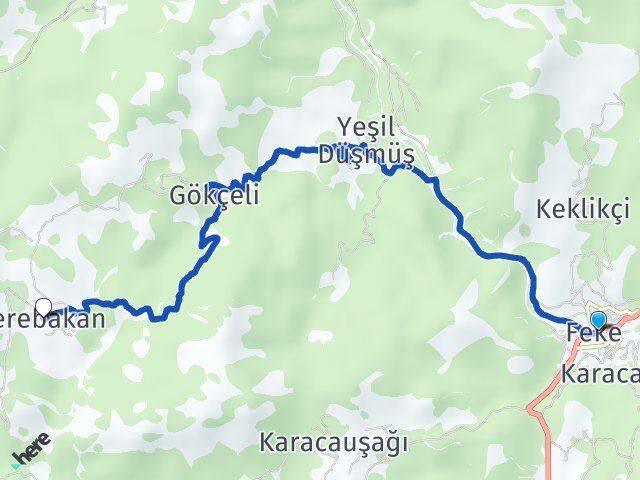 Adana Feke Yerebakan Feke Arası Kaç Km - Yol Haritası