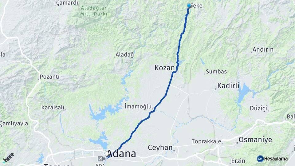 Adana Feke Yüreğir Arası Kaç Km - Yol Haritası