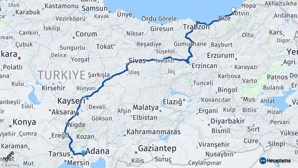 Adana Fındıklı Rize Arası Kaç Km - Yol Haritası