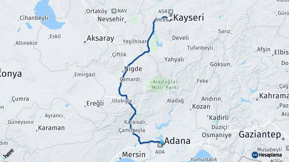 Adana Hacılar Kayseri Arası Kaç Km - Yol Haritası