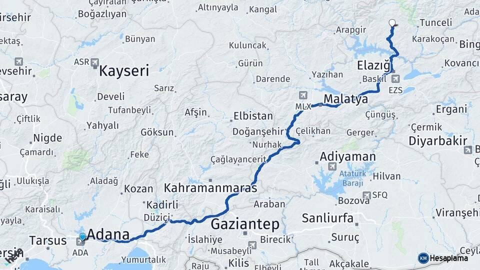 Adana Hozat Tunceli Arası Kaç Km - Yol Haritası