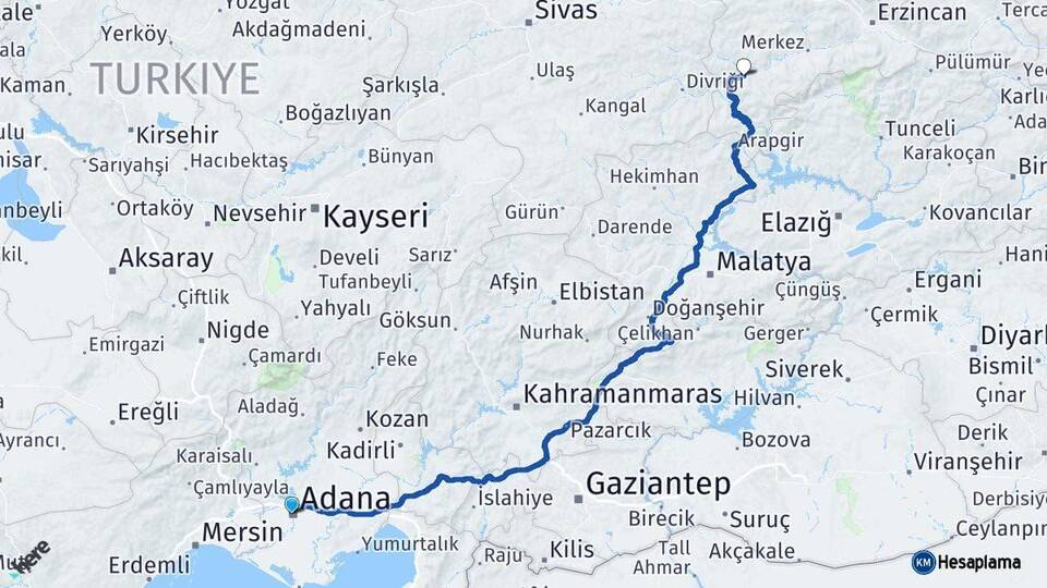 Adana İliç Erzincan Arası Kaç Km - Yol Haritası