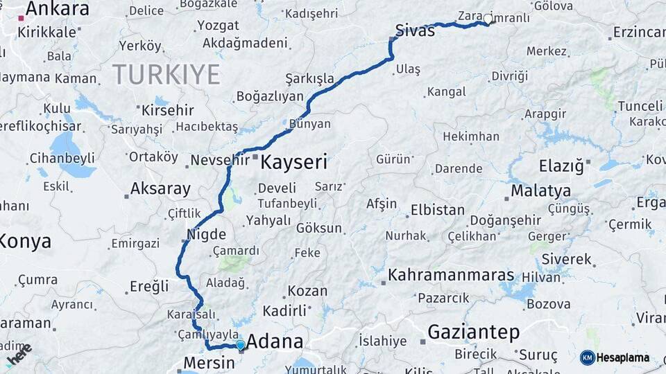 Adana İmranlı Sivas Arası Kaç Km - Yol Haritası