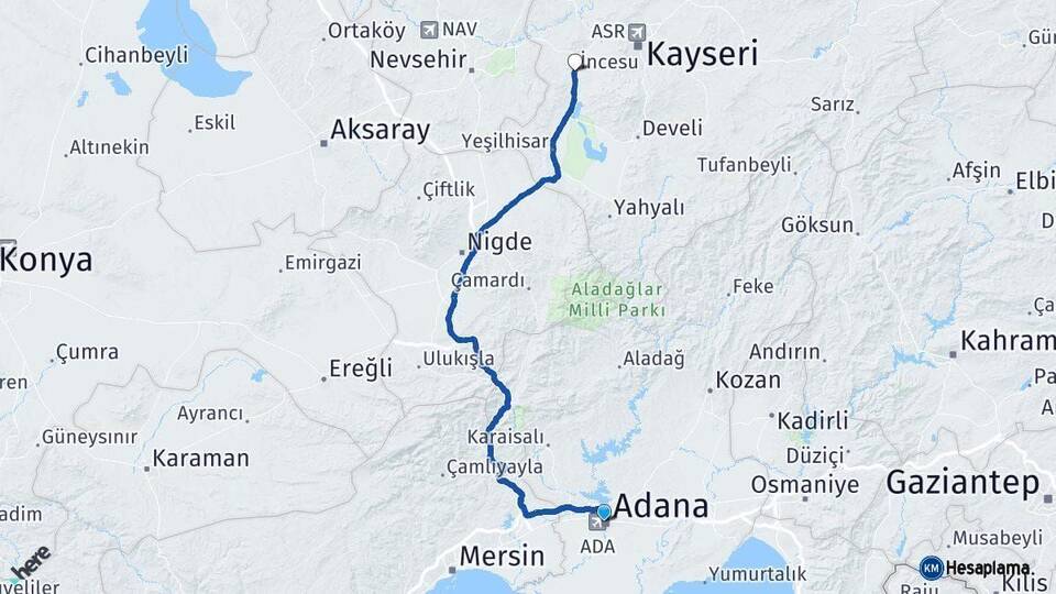 Adana İncesu Kayseri Arası Kaç Km - Yol Haritası
