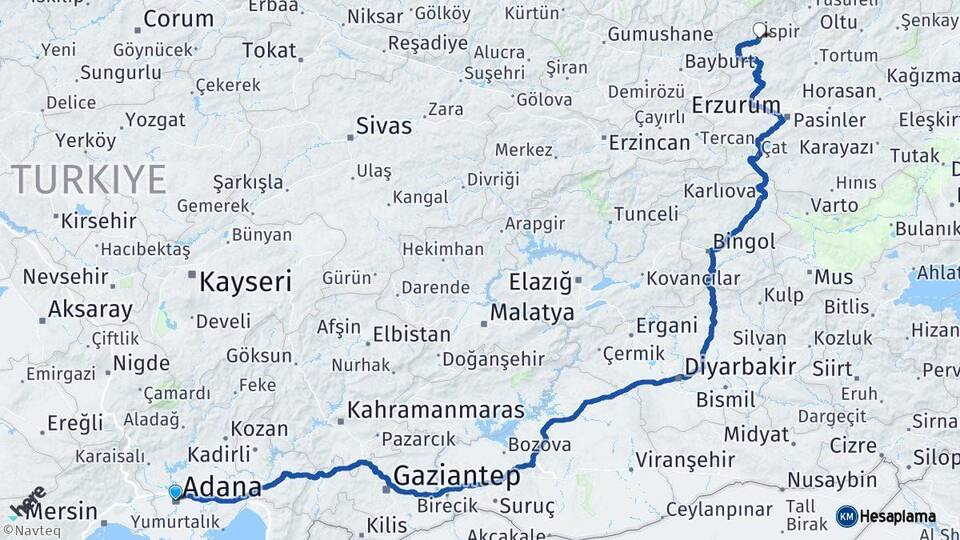 Adana İspir Erzurum Arası Kaç Km - Yol Haritası
