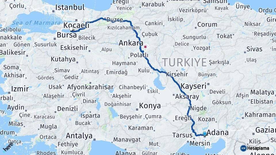 Adana İznik Bursa Arası Kaç Km - Yol Haritası