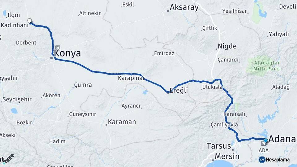 Adana Kadınhanı Konya Arası Kaç Km - Yol Haritası
