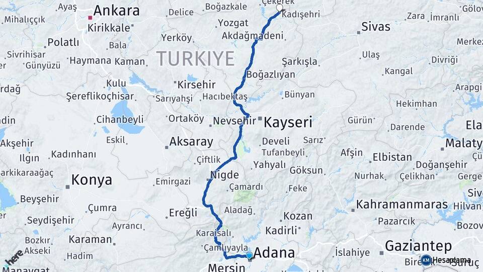 Adana Kadışehri Yozgat Arası Kaç Km - Yol Haritası