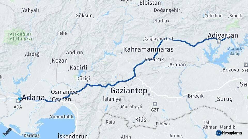 Adana Kahta Adıyaman Arası Kaç Km - Yol Haritası