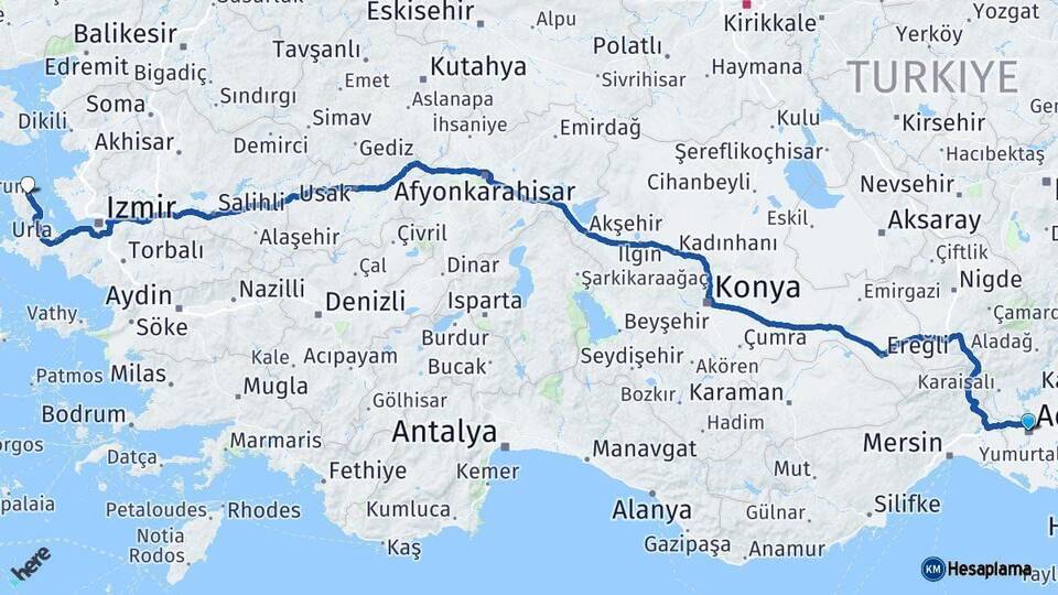 Adana Karaburun İzmir Arası Kaç Km - Yol Haritası