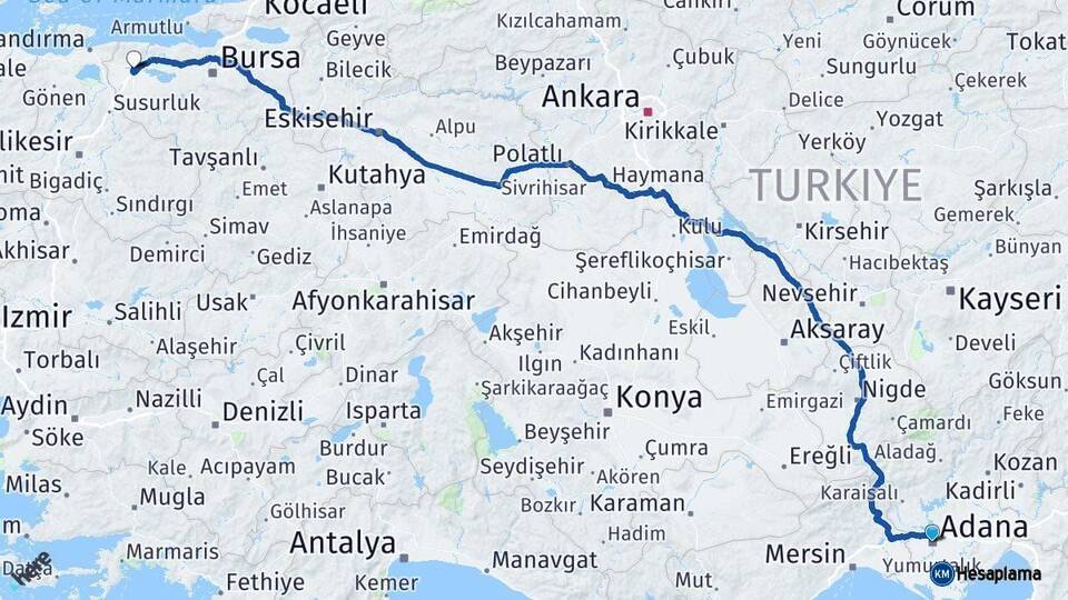 Adana Karacabey Bursa Arası Kaç Km - Yol Haritası