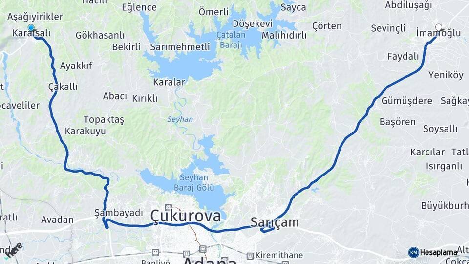 Adana Karaisalı İmamoğlu Arası Kaç Km - Yol Haritası