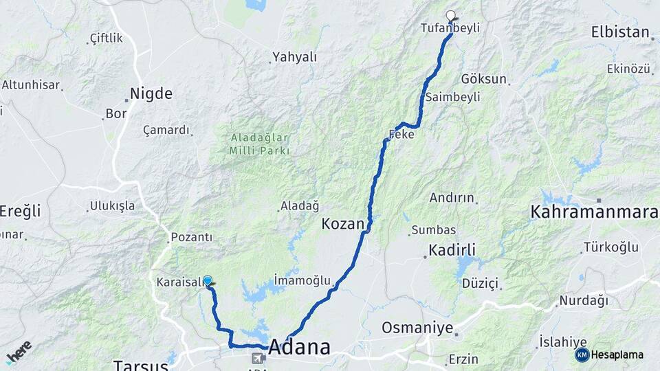 Adana Karaisalı Tufanbeyli Arası Kaç Km - Yol Haritası