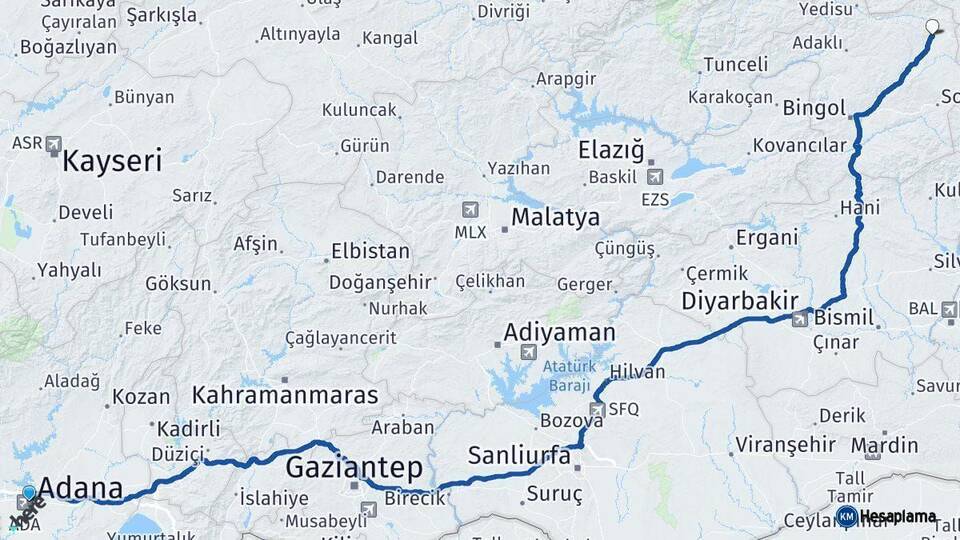 Adana Karlıova Bingöl Arası Kaç Km - Yol Haritası