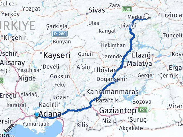 Adana Kemah Erzincan Arası Kaç Km - Yol Haritası