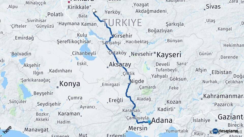 Adana Keskin Kırıkkale Arası Kaç Km - Yol Haritası