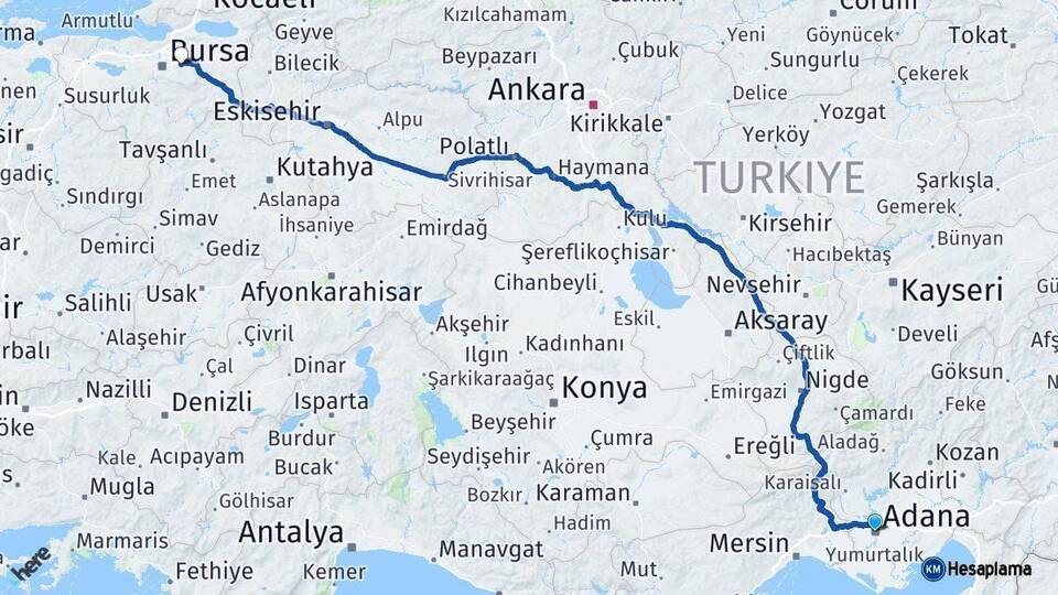 Adana Kestel Bursa Arası Kaç Km - Yol Haritası