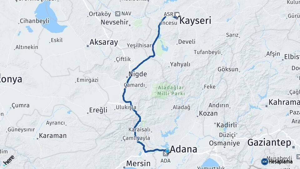 Adana Kocasinan Kayseri Arası Kaç Km - Yol Haritası