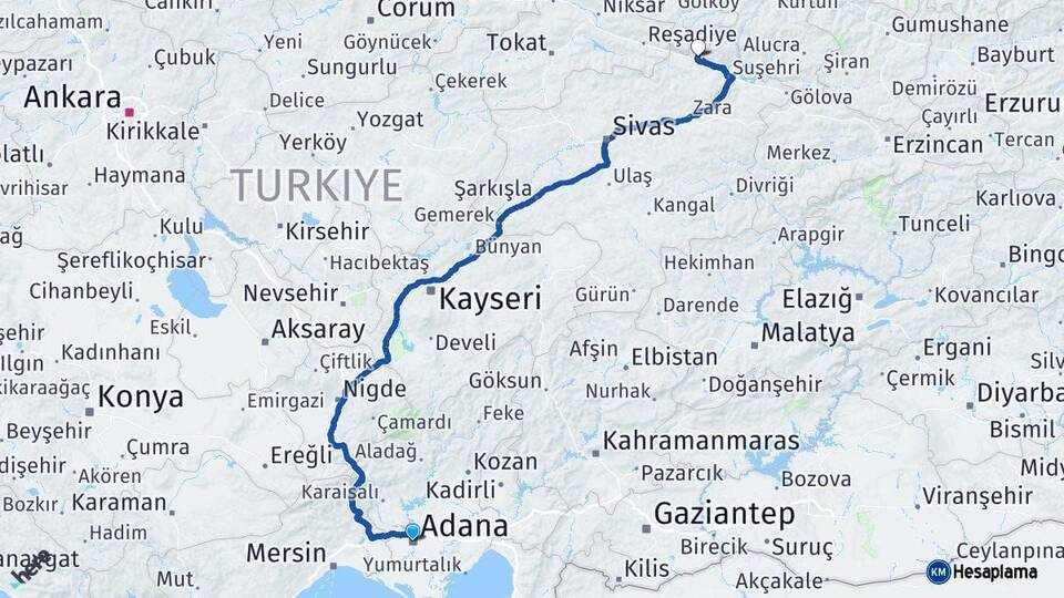 Adana Koyulhisar Sivas Arası Kaç Km - Yol Haritası