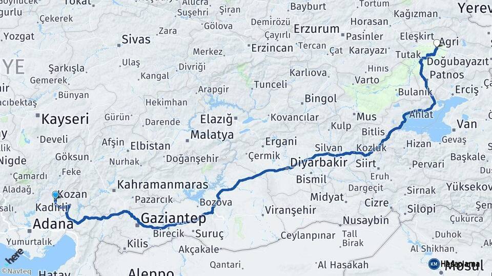 Adana Kozan Ağrı Arası Kaç Km - Yol Haritası