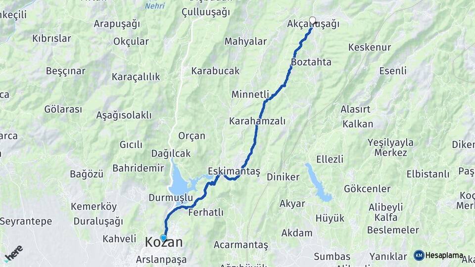 Adana Kozan Akçalıuşağı Kozan Arası Kaç Km - Yol Haritası