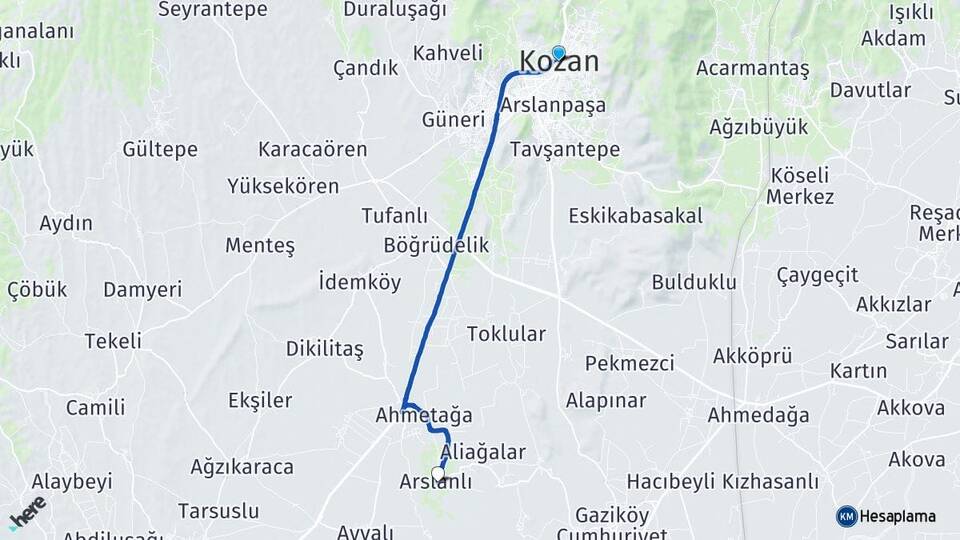 Adana Kozan Arslanlı Kozan Arası Kaç Km - Yol Haritası