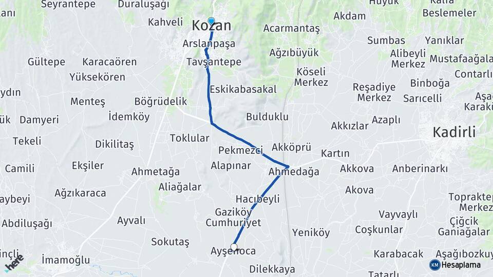 Adana Kozan Ayşehoca Kozan Arası Kaç Km - Yol Haritası