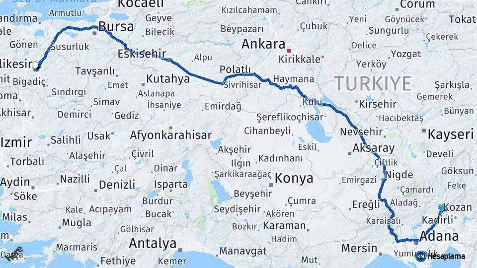 Adana Kozan Balıkesir Arası Kaç Km - Yol Haritası
