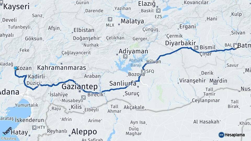 Adana Kozan Batman Arası Kaç Km - Yol Haritası