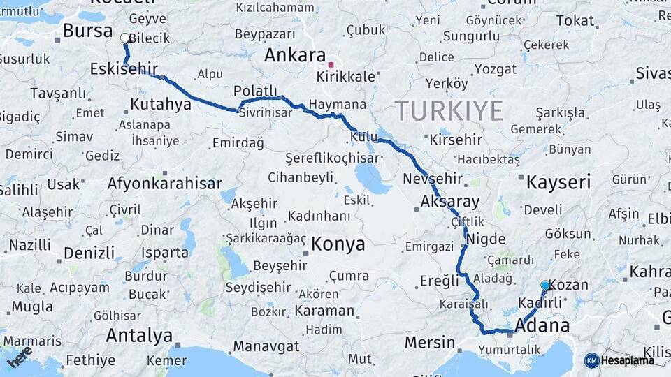 Adana Kozan Bilecik Arası Kaç Km - Yol Haritası