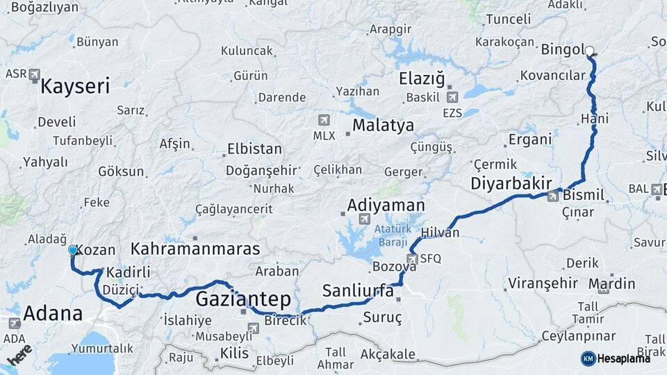 Adana Kozan Bingöl Arası Kaç Km - Yol Haritası