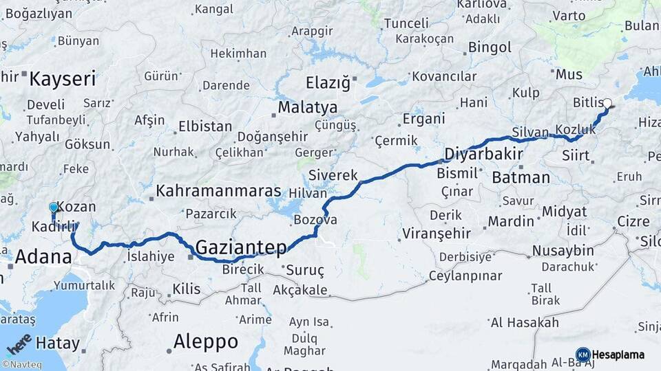 Adana Kozan Bitlis Arası Kaç Km - Yol Haritası