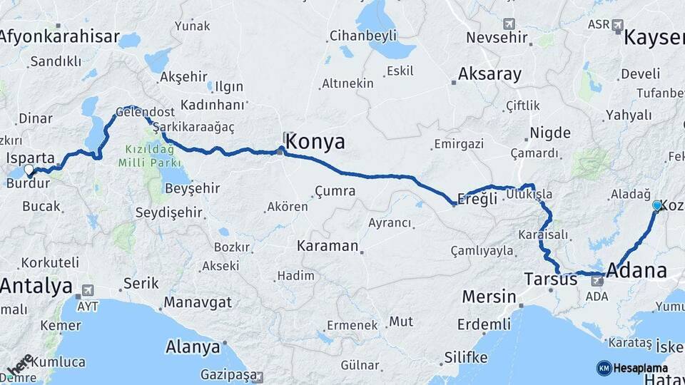 Adana Kozan Burdur Arası Kaç Km - Yol Haritası