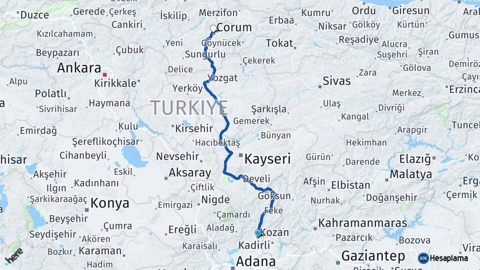 Adana Kozan Çorum Arası Kaç Km - Yol Haritası
