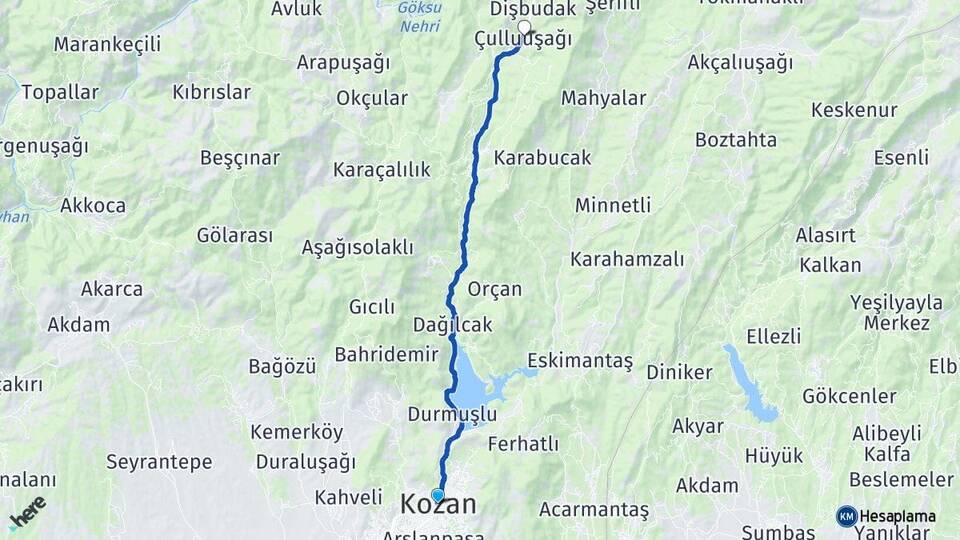 Adana Kozan Çulluuşağı Kozan Arası Kaç Km - Yol Haritası