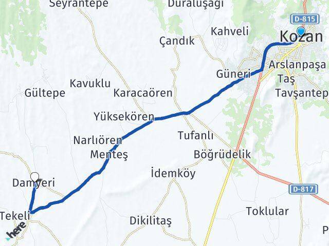 Adana Kozan Damyeri Kozan Arası Kaç Km - Yol Haritası