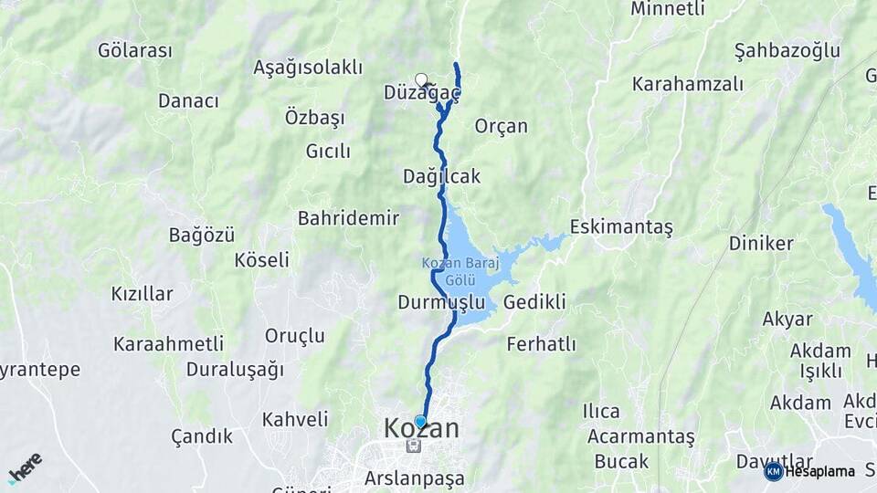 Adana Kozan Düzağaç Kozan Arası Kaç Km - Yol Haritası